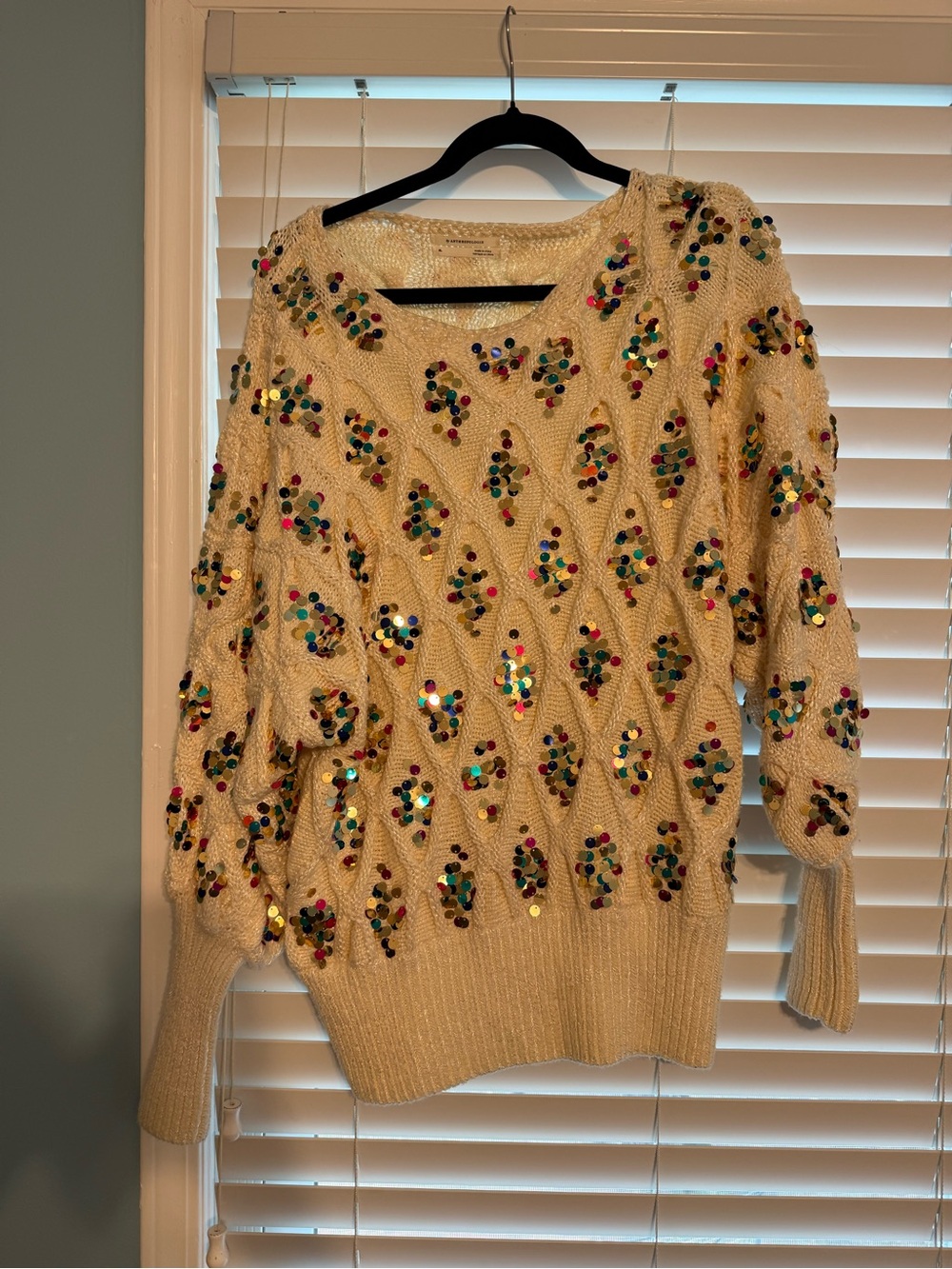 Anthropologie Cream Cable-Knit Sweater with Multicolor Sequins